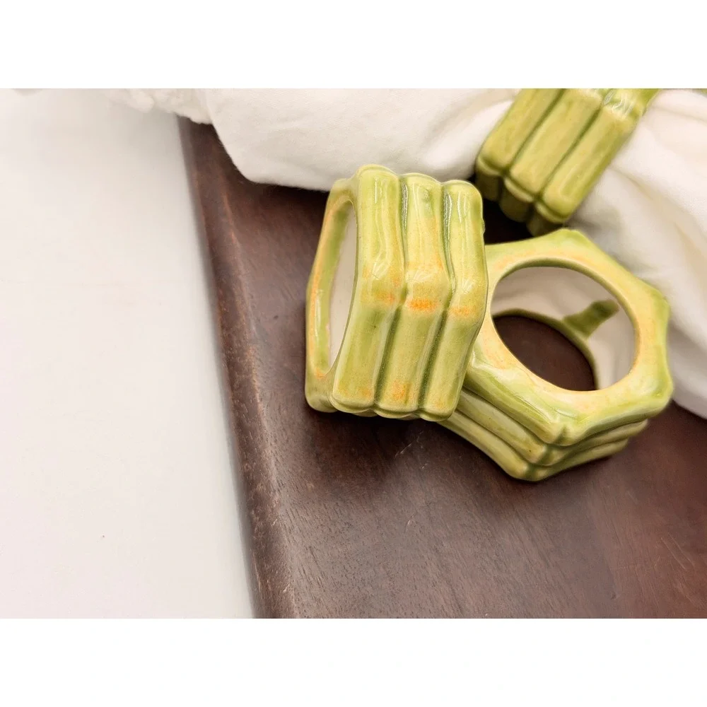 Vintage Green Faux Bamboo Ceramic Napkin Rings Set  5 Hexagon Chinoiserie Glazed